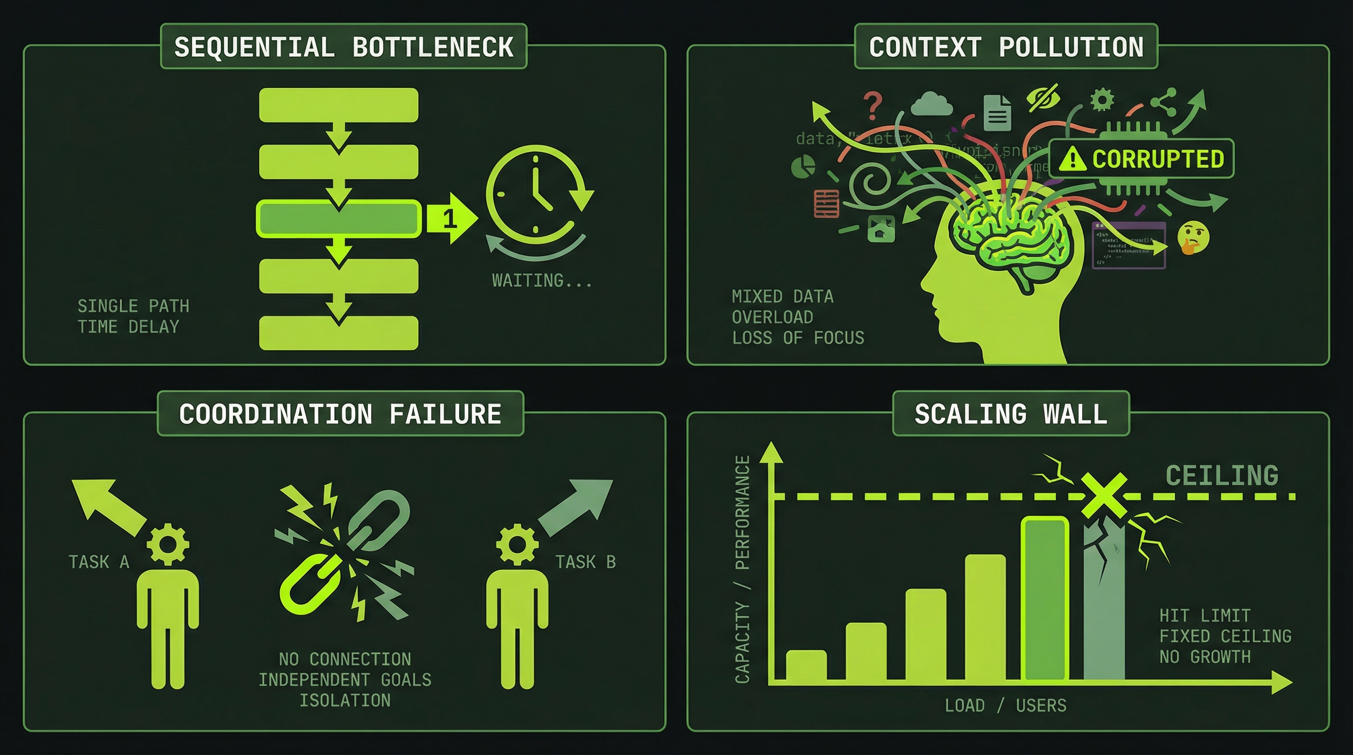 Four failure modes: sequential bottleneck, context pollution, coordination failure, scaling wall
